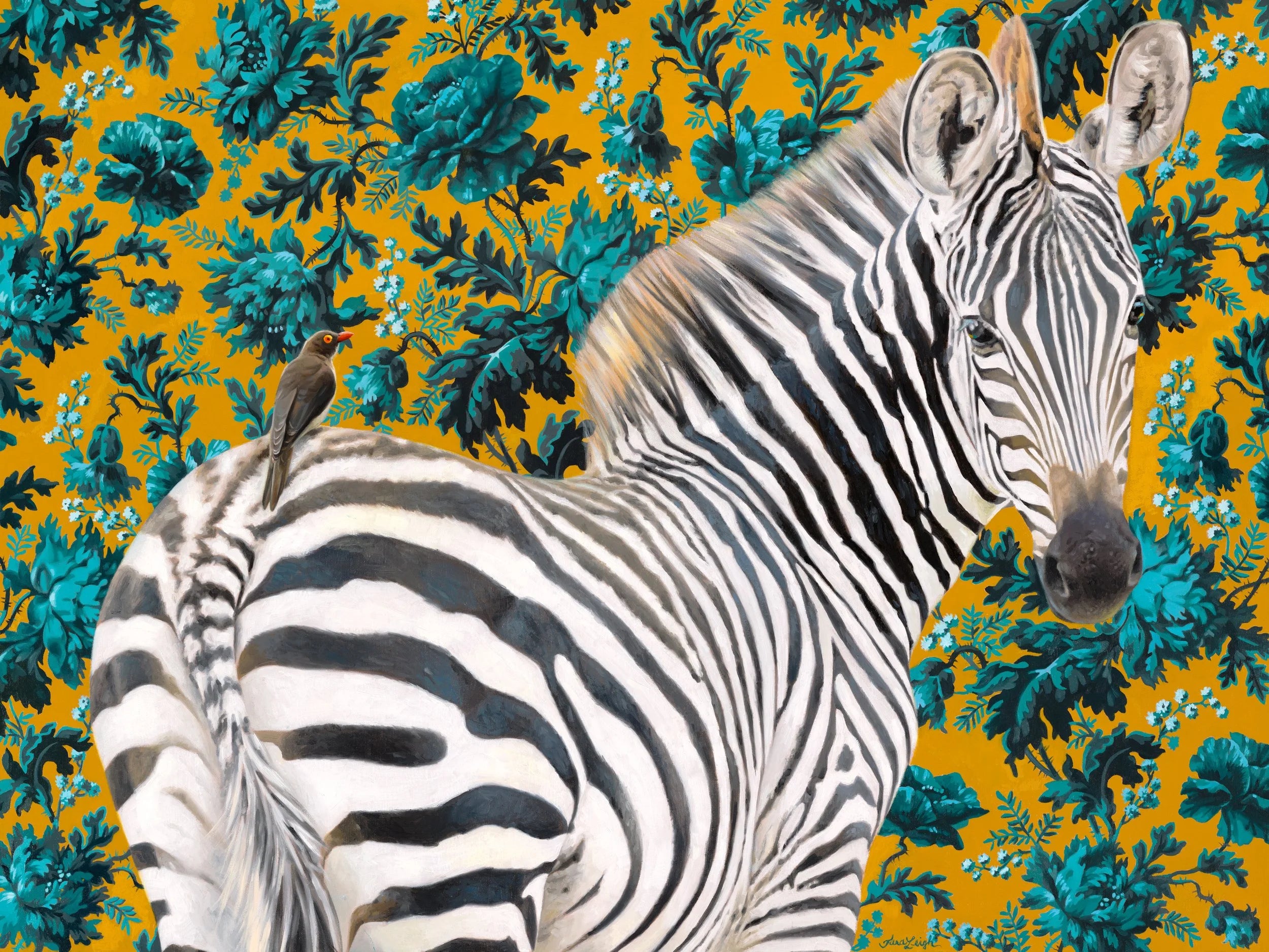 Zebra with a bird on its behind